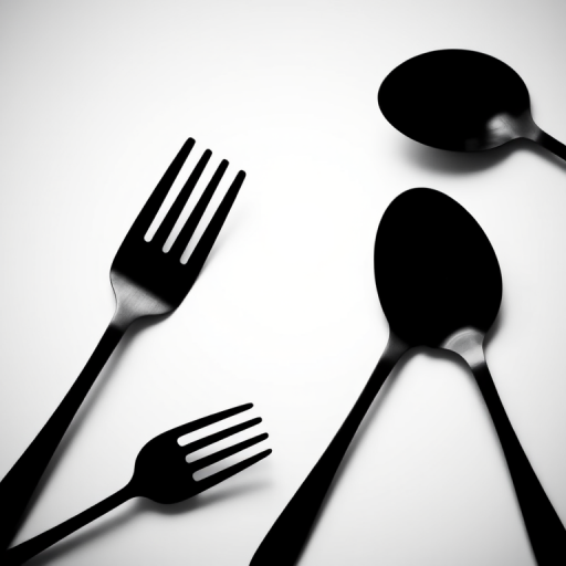 Create a minimalistic black silhouette of a fork, knife, and two types of spoons arranged artistically on a white background, shot with a DSLR camera at f/8 aperture, 50mm lens, ISO 100, 1/200 sec shutter speed, top-down view for clarity and sharpness.