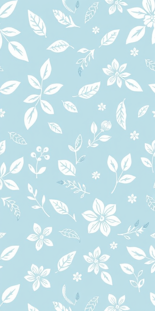 Create a seamless floral pattern with white hand-drawn leaves and flowers on a soft blue background, using a Canon EOS R5 with a 50mm lens, aperture f/4, ISO 100, and a shallow depth of field for enhanced detail and texture.