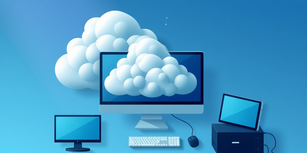 create a digital illustration of computer monitors and a cloud in a modern style, high resolution, 4K quality, ISO 100, aperture f/8, 35mm lens, overhead view, digital art style