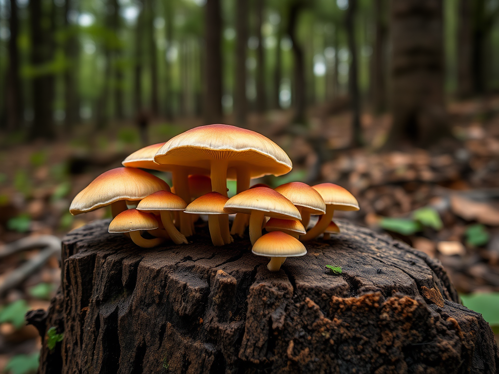 Mushrooms growing on a tree stump in a dense forest, macro shot, f/2.8 aperture, 1/200 sec shutter speed, ISO 100, using a DSLR camera with a 100mm macro lens, natural light, focus on the foreground mushrooms with blurred background.