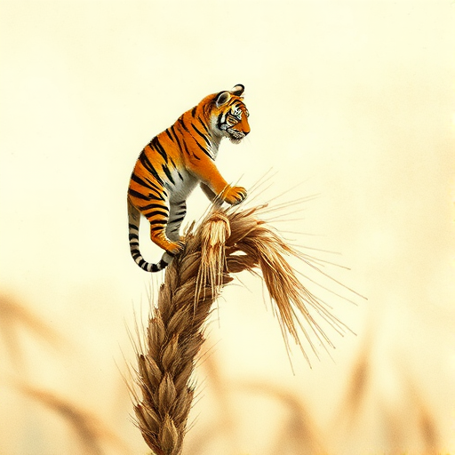 Soft, muted Alcohol Ink with ebru effect background image of tiny whimsical tiger, who climbed high on the top of a golden rye ear.