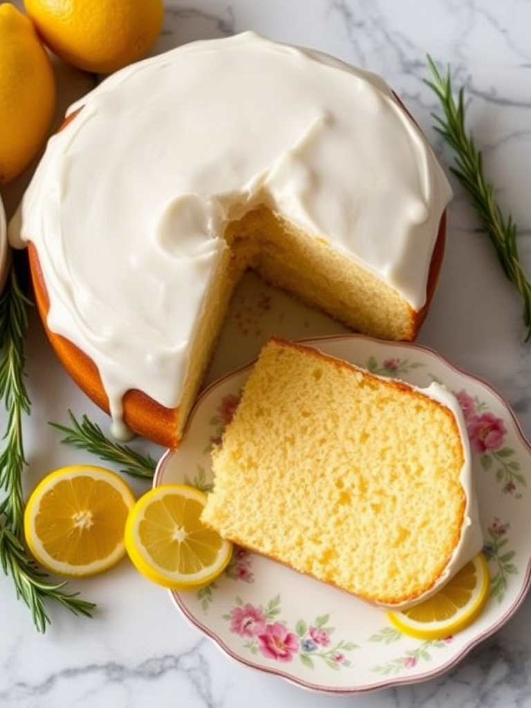 A beautifully frosted lemon cake with a slice on a floral plate, garnished with rosemary and lemon slices, placed on a marble surface. The cake has a creamy white icing and a soft, fluffy texture.