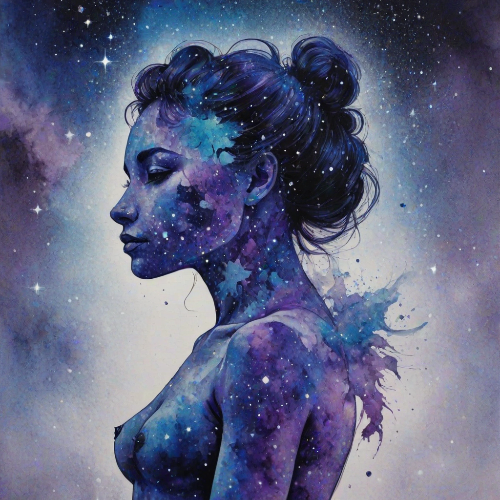 Captivating conceptual render alcohol ink art, double exposure, the paint strokes artfully merge combining a woman's full silhouette with a Lazy panda's silhouette. The figures are composed of a series of colored dots, lines & spots that evoke the image of a cosmic galaxy, colors are deep shades of blue purple & black with flashes of white & silver representing distant stars. The woman's silhouette is formed within the lion's silhouette from constellations of scattered stars, surreal