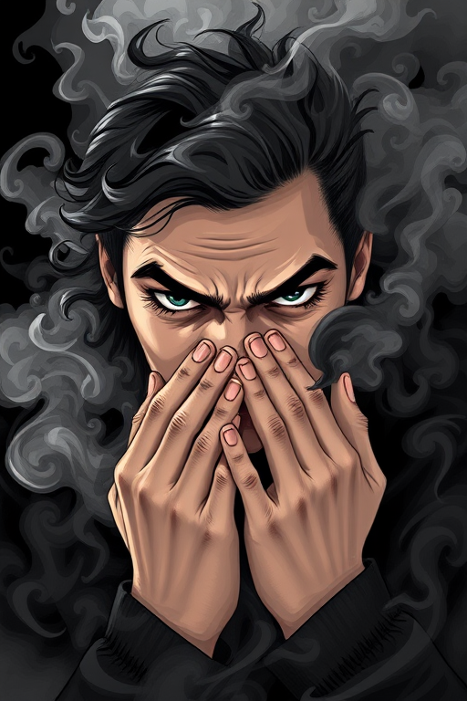 Illustration of a person with an intense expression, hands covering their mouth, surrounded by swirling black and white smoke, high contrast, using a Canon EOS R5, f/2.8, 50mm lens, shot from a low angle, portrait style, high dynamic range.