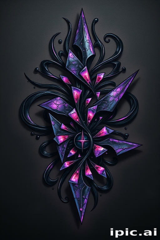 Dramatic "Volcanic Glass" tattoo design showcasing swirling patterns and sharp, fragmented shapes reminiscent of obsidian, rendered in deep black ink with hints of iridescent purples and blues that shift and shimmer in the light, creating a mesmerizing effect that captures the raw beauty and power of natural volcanic formations