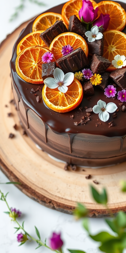 A beautifully decorated chocolate cake topped with dried orange slices dark chocolate pieces and edible flowers placed on a wooden board with a soft white background and a hint of greenery in the scene.