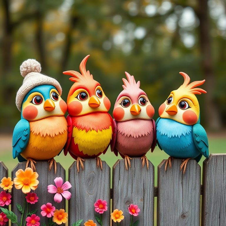 create a scene of 4 quirky  whimsical colourful comical birds each with a funny expression. they are sat on a wooden fence with colourful flowers. they are all different sizes. each one is a different colour  one is wearing a woolly hat. Each one has a different quirky google expression and there is a muted background of trees watercolour paintierly style high definition 8k resolution 3D paper mache