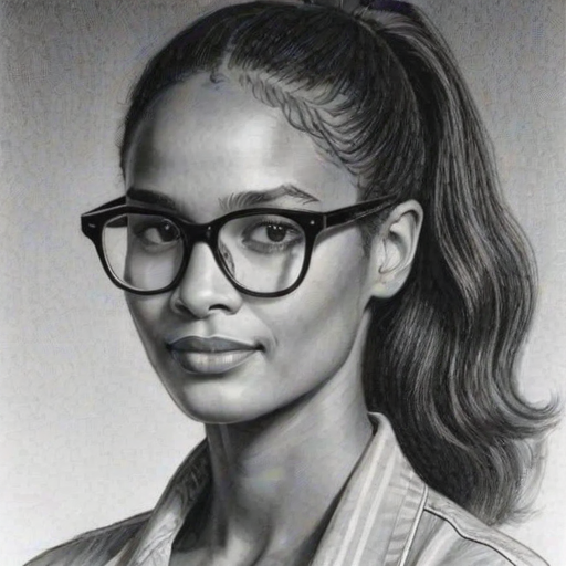 Appealing Joy Bryant, pencil sketch, portrait of Comely woman 1980s in glasses, hair style beatnik, outline, clear lines, fine lines, 8k