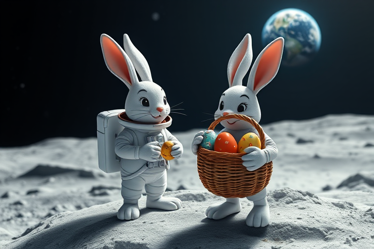 create an image of a cartoon bunny in a space suit standing on the moon holding a basket of colorful eggs with Earth in the background, use a DSLR camera with a 50mm lens, aperture f/1.8, ISO 100, focus on the bunny, vibrant colors and sharp details, wide-angle view