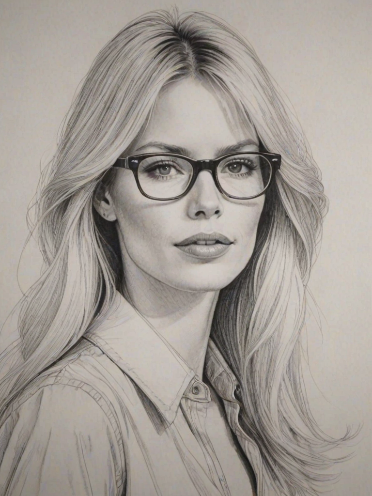Wonderful Claudia Schiffer, pencil sketch, portrait of Beauteous woman 1974s in glasses, hair style beatnik, outline, clear lines, fine lines, 8k