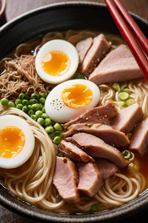 Sharp, detailed photo of a fresh bowl of ramen, steam rising from the broth, soft light reflecting off the noodles, slices of pork and soft-boiled eggs arranged on top, chopsticks resting on the edge of the bowl, the smell of savory broth filling the air.
