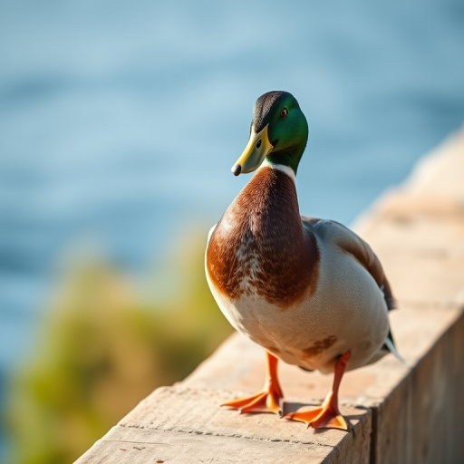 Capture a close-up of a mallard duck standing on a ledge with a shallow depth of field, using a Canon EOS R5 with a 100mm f/2.8 macro lens at f/4, ISO 100, shutter speed 1/200s, in natural light for enhanced details and a soft background.