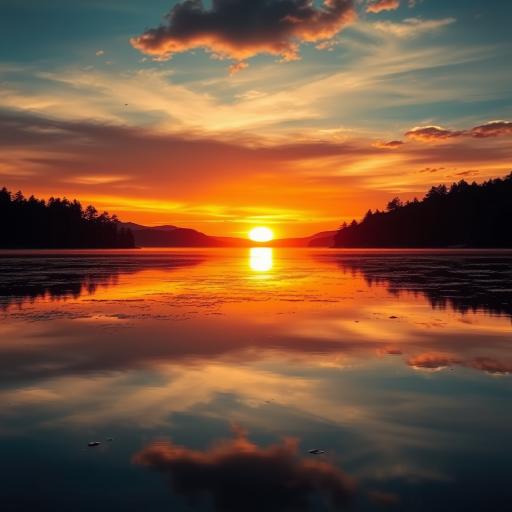 Generate a vibrant, high-resolution image of a sunset over a calm lake with reflections, captured using a Canon EOS R5, f/8 aperture, 1/125 sec shutter speed, ISO 100, landscape view, and using a wide-angle lens for depth and detail.