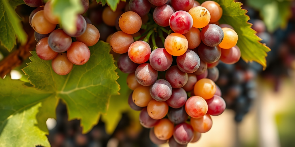 close-up shot of ripe grapes on a vine, shallow depth of field, natural lighting, f/2.8 aperture, ISO 100, 50mm lens, DSLR camera, vibrant colors.
