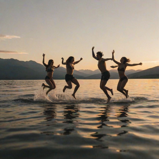 Blurry, candid photo of a group of friends jumping into a lake at sunset, water splashing around them, distant mountains silhouetted against the sky, soft golden light reflecting off the water, and the sound of laughter filling the air.