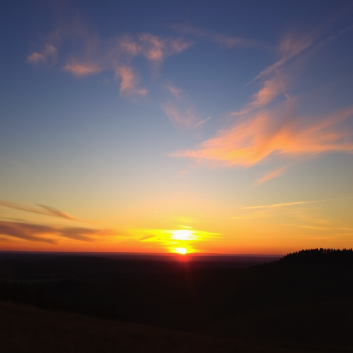 Generate a high-resolution image of a serene landscape at sunset, using a DSLR camera with a 50mm lens, aperture set to f/8 for depth of field, ISO 200 for clarity, and a wide-angle view to capture the horizon with rich colors and fine details.