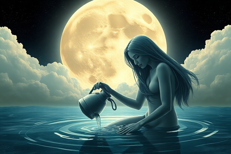 Create a serene and mystical illustration of Aquarius, featuring a figure with flowing hair pouring water from a jug, against a backdrop of a large moon and soft clouds, capturing intricate details in a digital art style, shot with a Canon EOS R5 at f/2.8, ISO 100, and a 50mm lens for enhanced depth, focusing on the textures of the figure and the shimmering water.