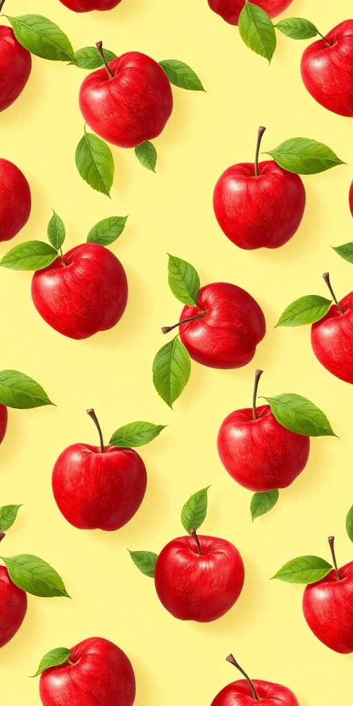 Create a seamless pattern design of red apples with green leaves against a light yellow background, using a Canon EOS R5, 50mm f/1.8 lens, aperture f/4, 1/125s shutter speed, and natural lighting to enhance colors and details.