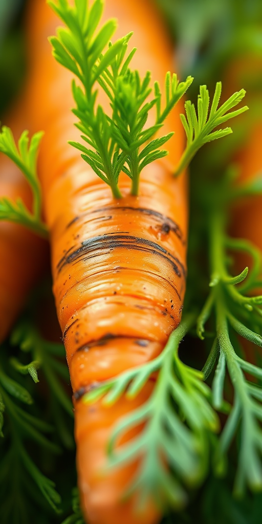 Create a vibrant and detailed illustration of a fresh carrot with lush green leaves, captured in close-up view, with a shallow depth of field, using a DSLR camera with a 50mm lens, aperture set to f/2.8, ISO 100, and soft natural lighting for enhanced color and texture.
