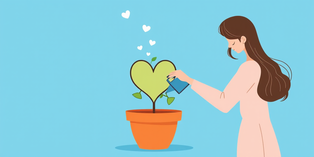 Create a vector illustration of a woman watering a heart-shaped plant in a pot, using a soft color palette, with a bright blue background, camera settings: ISO 100, f/5.6, shutter speed 1/200s, camera view: straight on, camera style: clean and minimalistic, camera type: digital art.