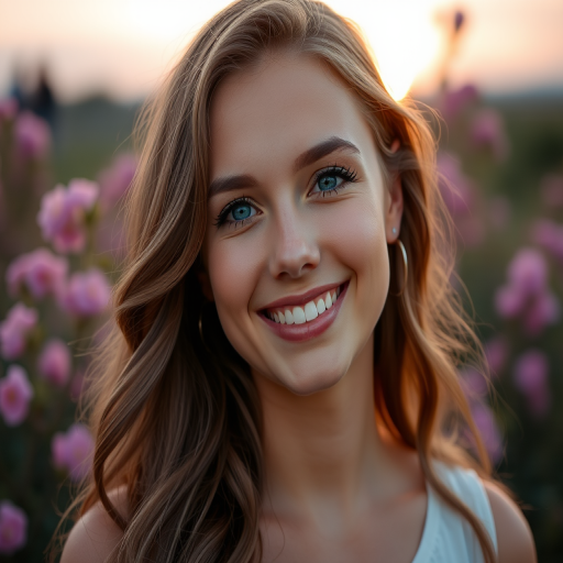 portrait of a smiling woman with long wavy hair and blue eyes in a soft-lit setting with pink flowers at sunset, f/1.8 aperture, 50mm lens, ISO 100, shallow depth of field, natural light, DSLR camera