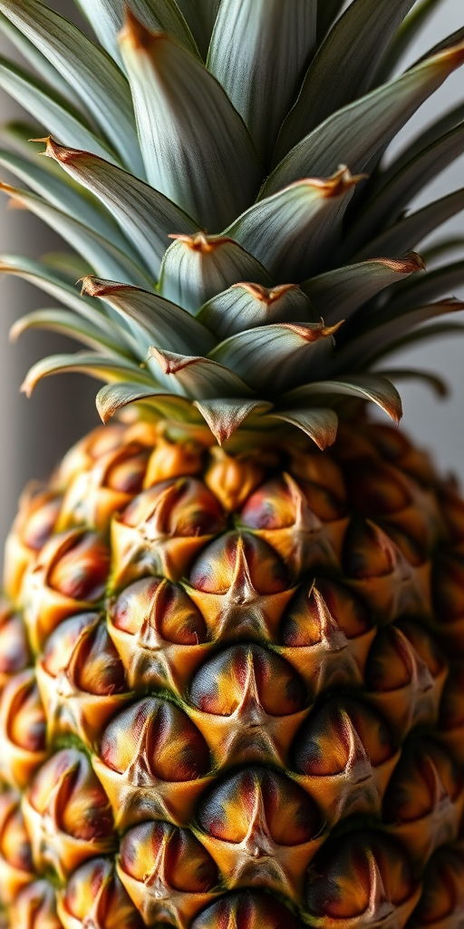 Create a high-resolution digital illustration of a pineapple with a focus on its detailed textures and vibrant colors, using a Canon EOS R5, 50mm lens, f/2.8 aperture, ISO 100, and a soft natural light setting to enhance depth and clarity.