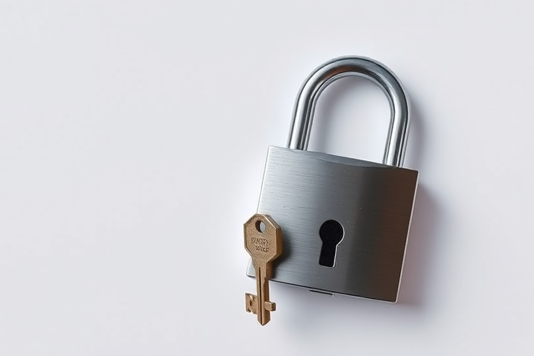 Create a high-resolution digital illustration of a closed padlock and key on a plain background, using a DSLR camera with a 50mm lens at f/1.8 for shallow depth of field, ISO 100, and natural lighting to enhance details and contrast.