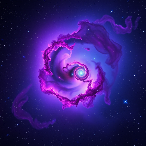 Create a vivid nebula scene with swirling purple and blue gases, bright stars scattered throughout, and a bright central galaxy, taken with a DSLR camera at f/2.8 aperture, ISO 800, 30-second exposure, wide-angle lens, with a high dynamic range for enhanced color and detail.