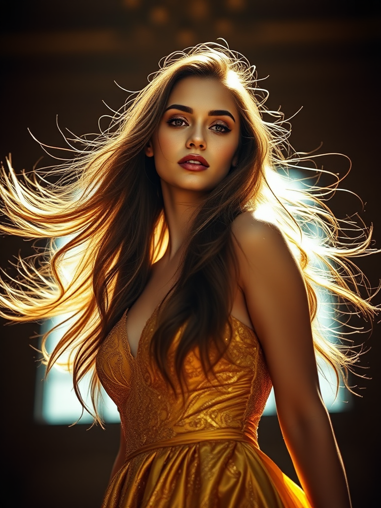 portrait of a woman with long hair flowing around her in a golden dress, soft warm lighting, depth of field effect, using a Canon EOS R5, 50mm f/1.2 lens, ISO 100, f/1.2, 1/200 sec, low angle view, cinematic style, high resolution, vibrant colors