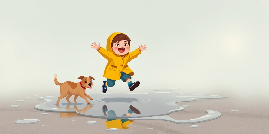 A cheerful child in a yellow raincoat jumping in puddles, accompanied by a playful dog, with a soft pastel background, captured with a DSLR camera at 50mm lens, f/2.8 aperture, ISO 200, natural lighting, in a cartoon style.