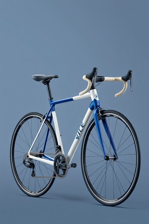 Generate a high-quality illustration of a road bike with a sleek blue and white frame, using a DSLR camera with a 50mm lens, aperture set to f/2.8 for a shallow depth of field, ISO 100, and a soft diffused lighting setup for clarity and detail enhancement.