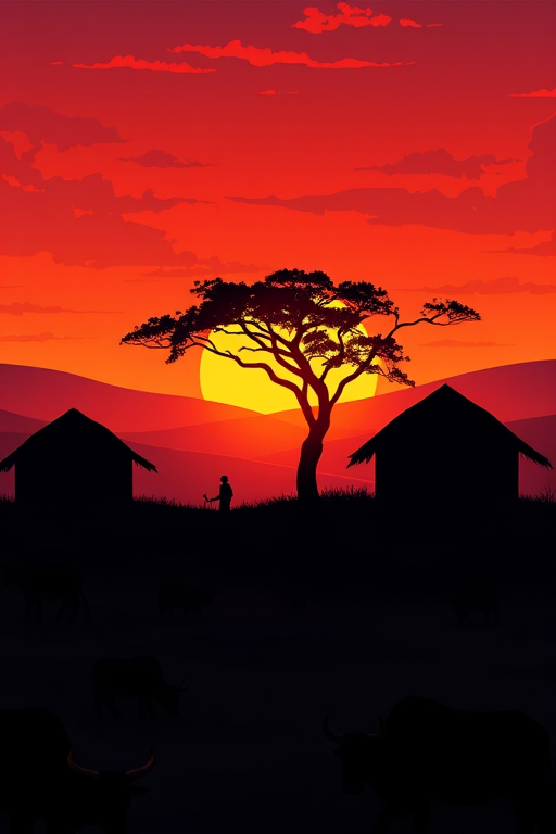 Create a digital illustration of a sunset landscape featuring a silhouette of huts, a tree, grazing livestock, and a person, using a wide-angle lens with a f-stop of 8, ISO 100, and a focal length of 24mm, in a vibrant color palette to enhance image quality and depth.