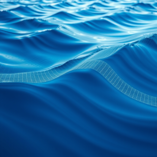 create a high-resolution abstract image of a blue wave pattern with lines and grid formation, use a Canon EOS R5 camera, aperture f/8, shutter speed 1/250s, ISO 100, shot from a wide-angle view with a studio lighting setup