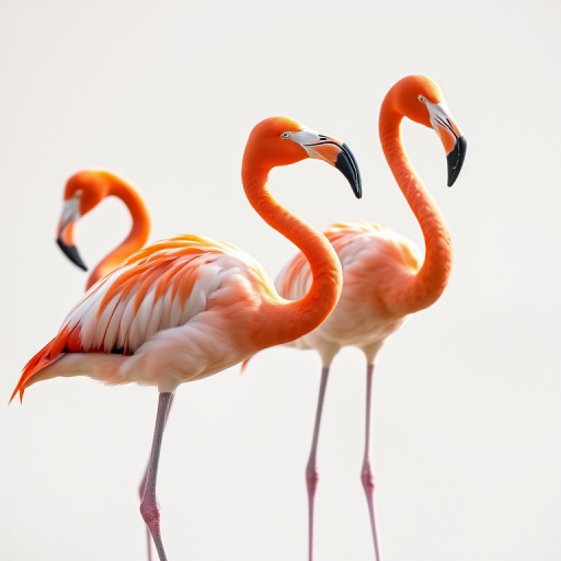 Generate a high-resolution image of three flamingos standing in profile against a transparent background with shallow depth of field, using a full-frame DSLR camera, 50mm lens at f/1.8, ISO 200, and natural lighting for enhanced colors and contrast.