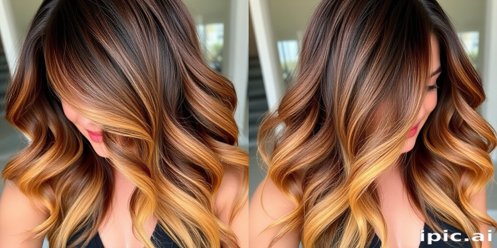 Elegant ombre balayage transitioning from deep chocolate brown to warm honey gold, styled in loose beachy waves with face-framing tendrils for a sun-kissed glow