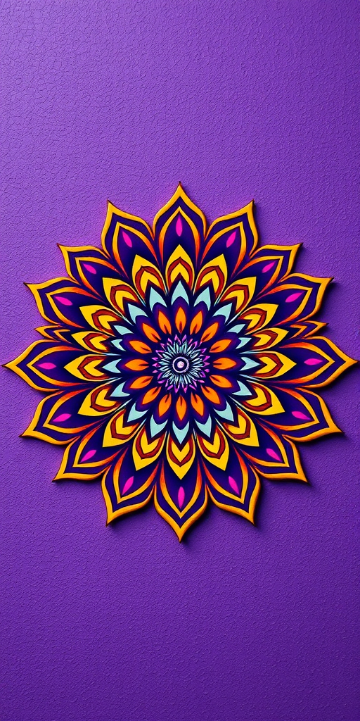 Create a vibrant mandala pattern on a textured purple background, using a Canon EOS R5, 50mm f/1.4 lens, f/2.8 aperture, ISO 100, and natural soft lighting for enhanced detail and clarity.