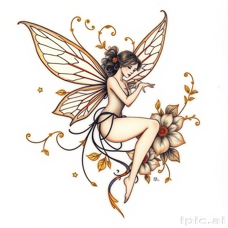 Art Nouveau-inspired fairy tattoo with flowing lines, organic shapes, and delicate wings, incorporating floral motifs and golden accents for a ethereal and elegant design
