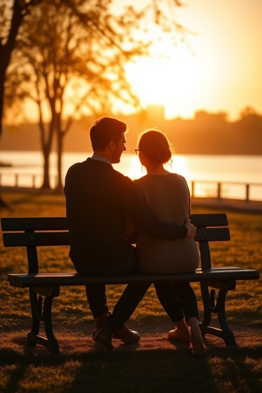 Warmly lit, intimate photo of a couple sharing a quiet moment on a park bench at sunset, soft golden light casting long shadows on the ground, with distant trees and a peaceful lake barely visible in the background.