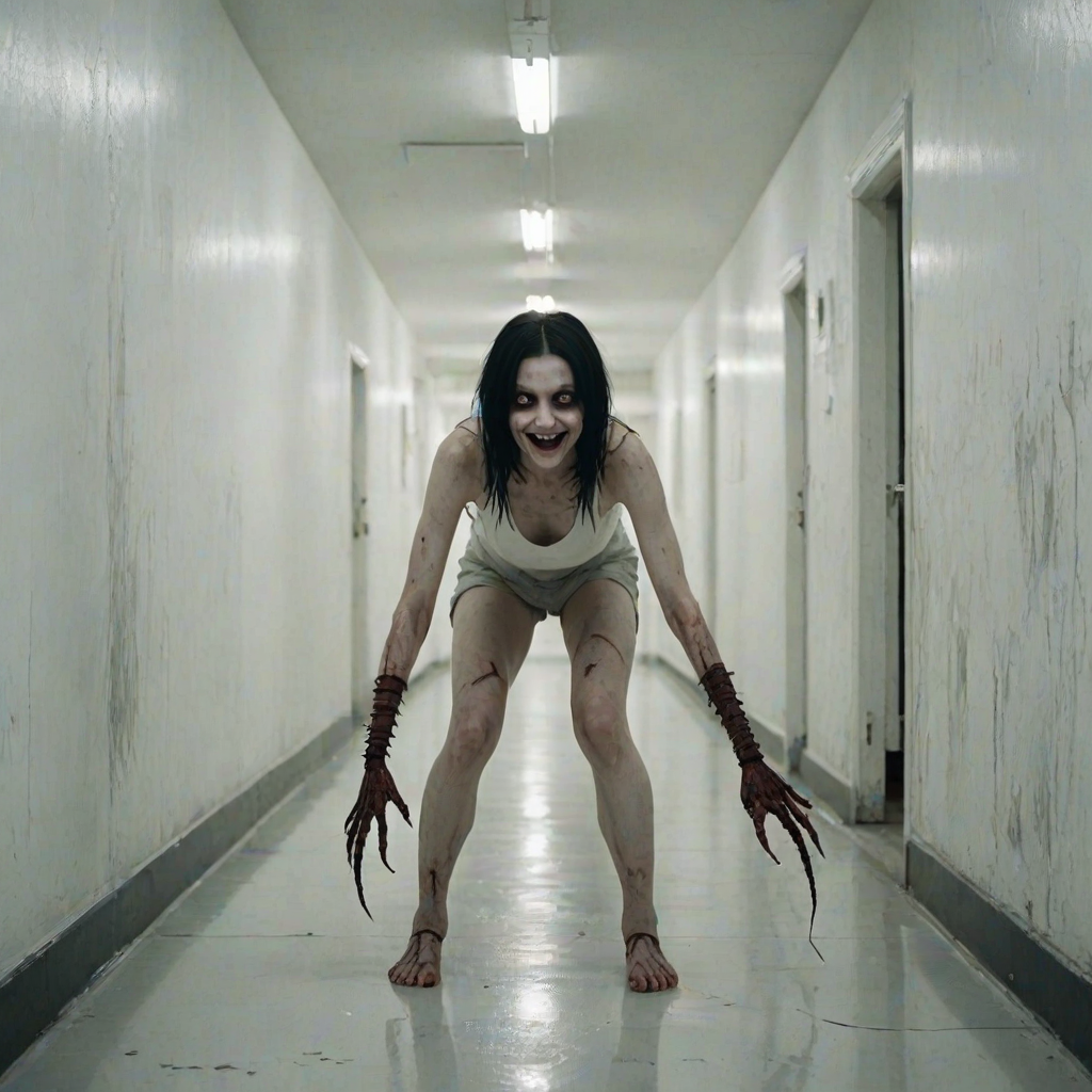a crooked female with long arms and a creepy smile is crawling along a long white corridor and you can also see cockroaches in it there is a creepy atmosphere creepy art style