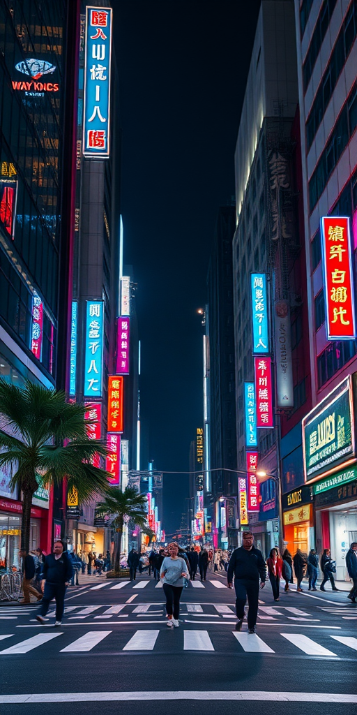 High-resolution night cityscape of a busy urban street with neon lights and people crossing, captured with a DSLR camera, 24mm lens, f/2.8 aperture, ISO 400, 1/60s shutter speed, in a wide-angle view for enhanced details and vibrancy.