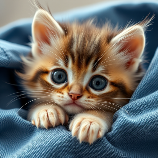 Cute fluffy kitten with big round eyes resting in denim fabric looking adorable and playful