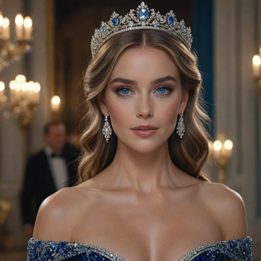 A gorgeous woman in a luxurious blue gown, accessorized with a dazzling tiara and statement earrings, her deep blue eyes highlighted by impeccable makeup, poised in a royal setting, photorealistic, 8K quality