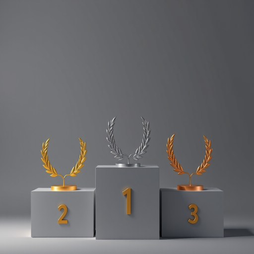 Create an image of three podiums in ascending order with the first place in gold, second place in silver, and third place in bronze, featuring laurel wreaths on each podium, captured with a DSLR camera at f/8 aperture, ISO 100, 50mm lens, in a well-lit studio environment.