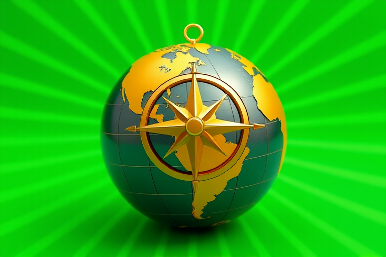 Create a high-resolution image featuring a golden compass symbol overlaid on a three-dimensional globe, with a vibrant green radial background, using a DSLR camera with a 50mm lens, aperture set to f/2.8, ISO 100, and shot at a 45-degree angle for dynamic perspective.