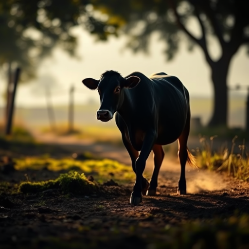 silhouette of a cow walking in a rural setting, soft focus background, 50mm lens, f/2.8 aperture, ISO 100, natural light, DSLR camera