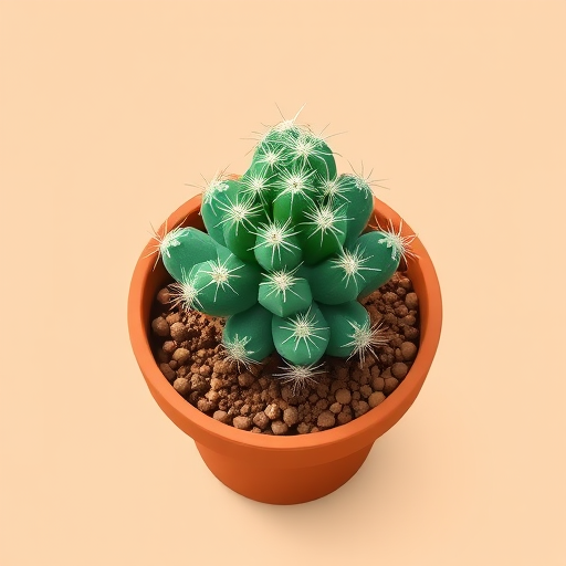 regenerate a digital illustration of a cactus in a terracotta pot, focal length 50mm, aperture f/8, ISO 100, top-down view, using a digital camera with a flat design style and bright colors for enhanced image quality