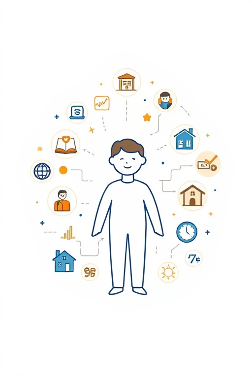 Create a vector-style illustration of a central figure surrounded by various icons representing concepts like communication, health, home, and teamwork, using a clean, minimalistic design; camera settings: ISO 100, aperture f/8, shutter speed 1/125s; camera view: straight-on perspective; camera style: digital illustration; camera type: graphic design software.