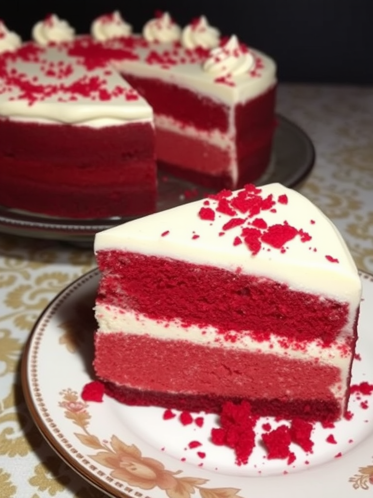 A slice of red velvet cheesecake with a creamy white frosting on top and red velvet crumbs sprinkled around, served on a decorative plate, with the whole cheesecake visible in the background on a patterned tablecloth.