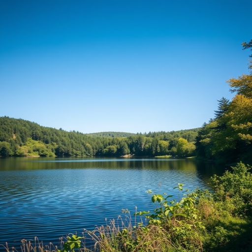 Create an image of a serene landscape featuring a calm lake surrounded by lush greenery under a clear blue sky, captured with a DSLR camera at f/11 aperture, ISO 100, 24mm focal length, using a wide-angle lens to enhance depth and clarity.