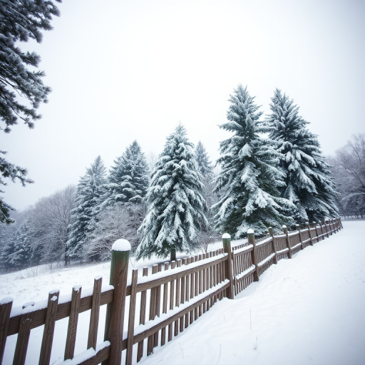 winter landscape with snow-covered pine trees and a wooden fence in the foreground, overcast sky, calm atmosphere --camera settings: ISO 200, f/8, 1/200s --camera view: wide-angle --camera style: natural lighting --camera type: DSLR